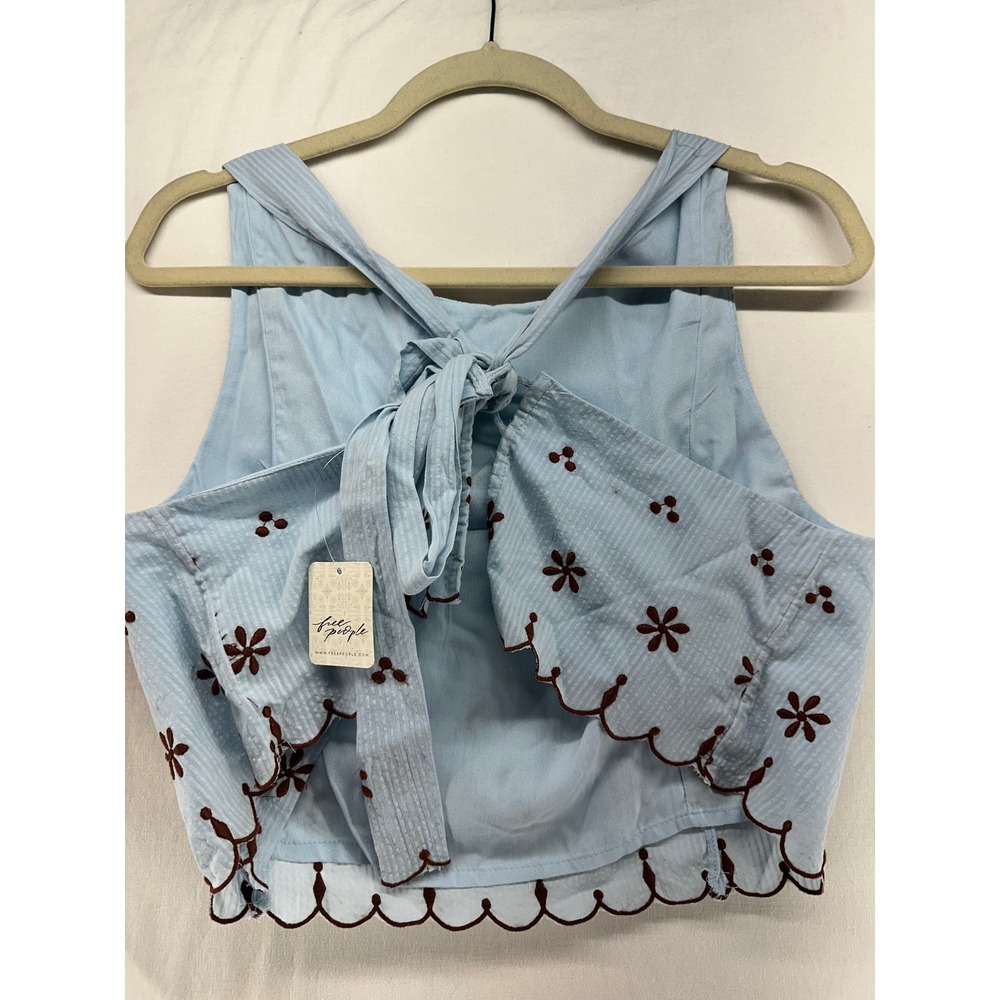 Free People Celestial Blue Seersucker Embroidered Tie Back Crop Top L - Picture 2 of 10